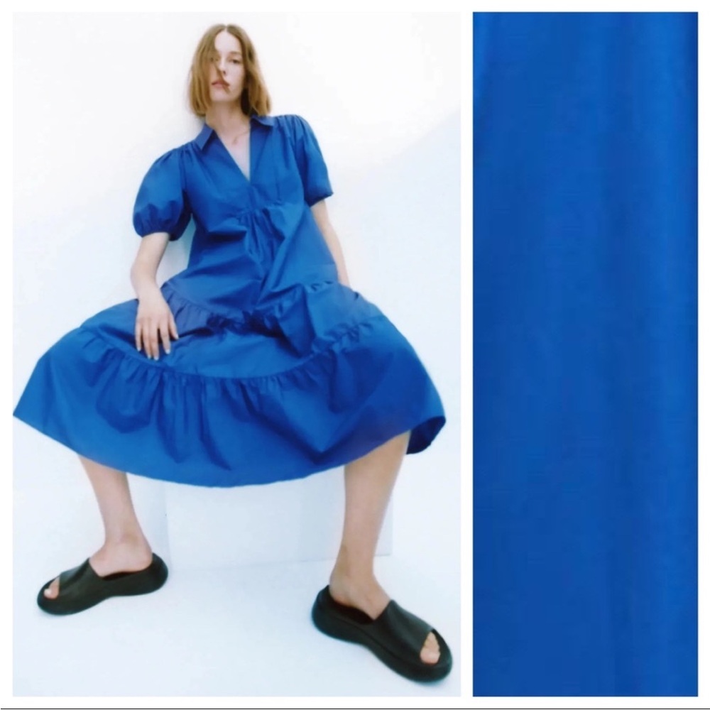 Zara Cobalt Blue 100% Cotton Tiered/Flounced Loose Midi Dress. Size L - Picture 3 of 13